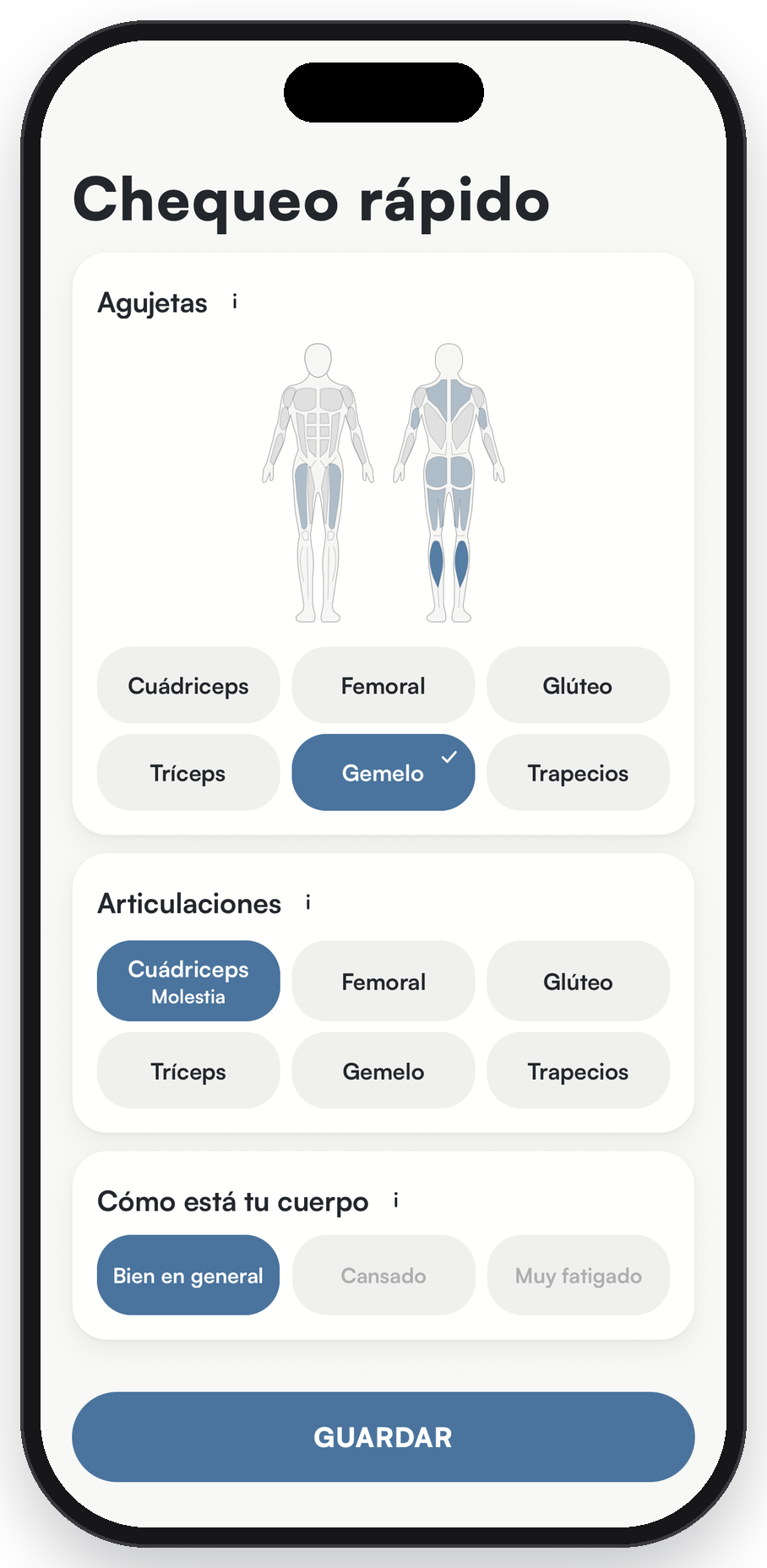 Chequeo rápido de Liftea al terminar la sesión: músculos con agujetas, articulaciones con molestia y cómo está tu cuerpo