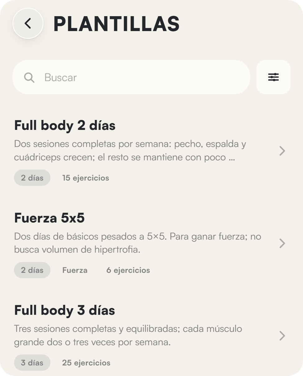 Lista de plantillas de entrenamiento en Liftea: Full body 2 días, Fuerza 5x5 y Full body 3 días