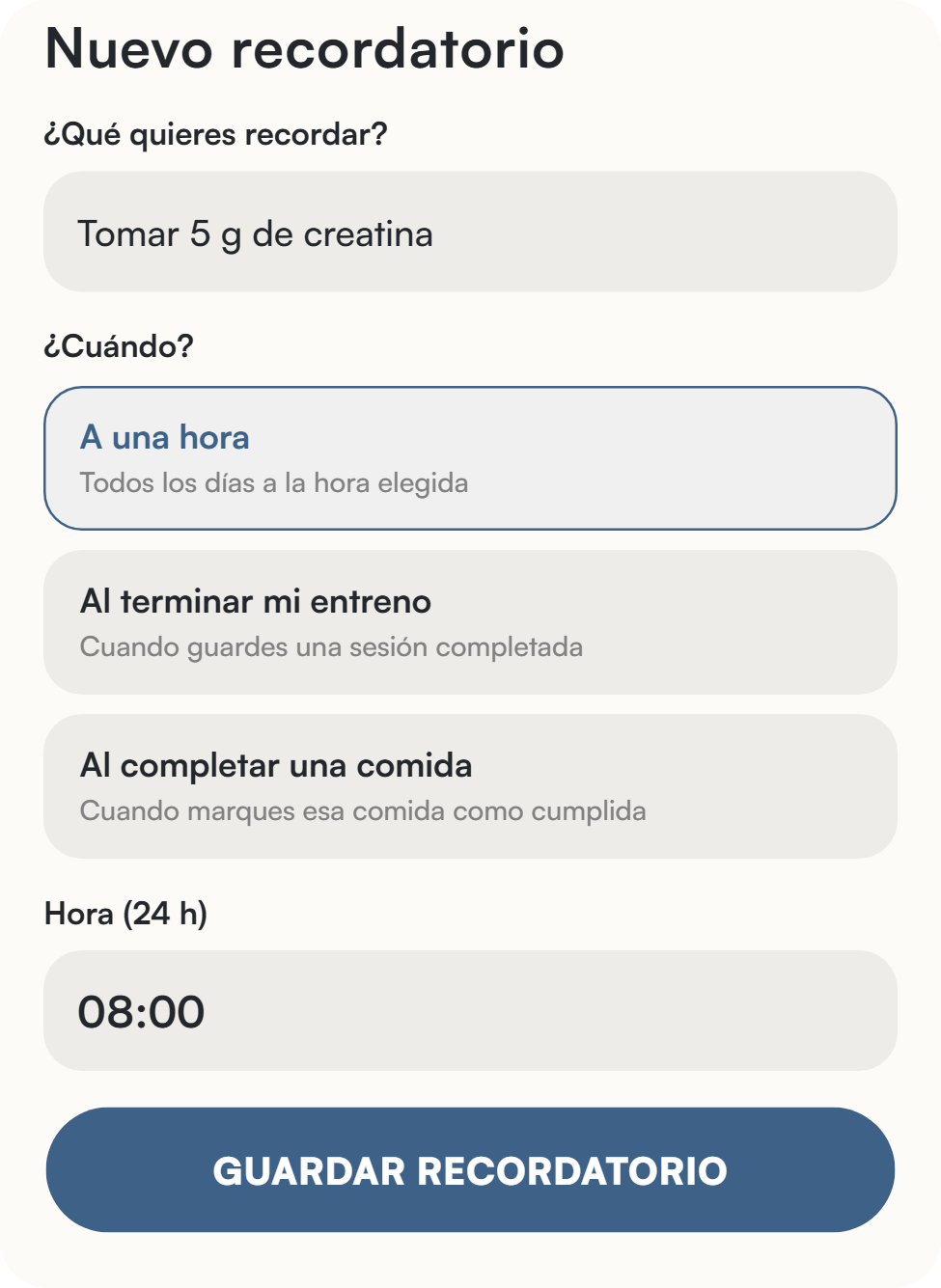 Creación de un recordatorio en Liftea para tomar 5 g de creatina todos los días a las 8:00