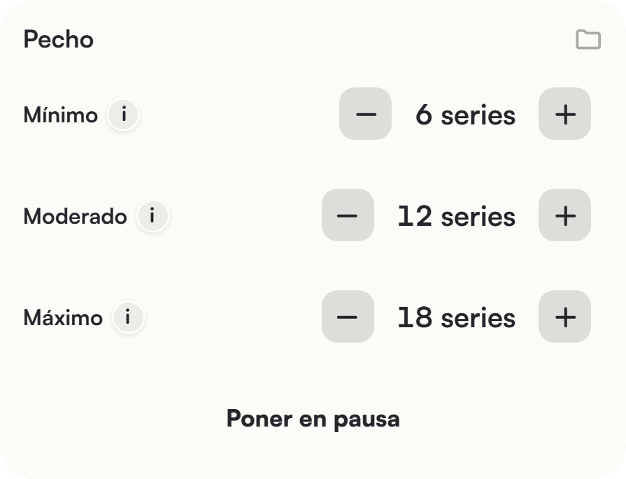 Configuración de volumen de pecho en Liftea: mínimo de 6 series, moderado de 12 y máximo de 18